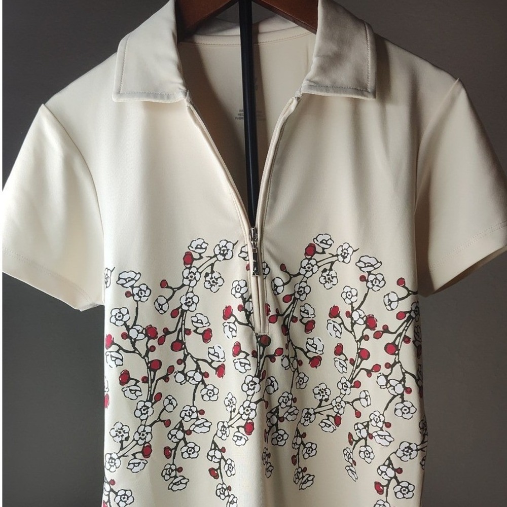 Jofit Polo Shirt Womens XS Cream Floral Cherry Blossom 1/4 Zip Golf Tennis Top